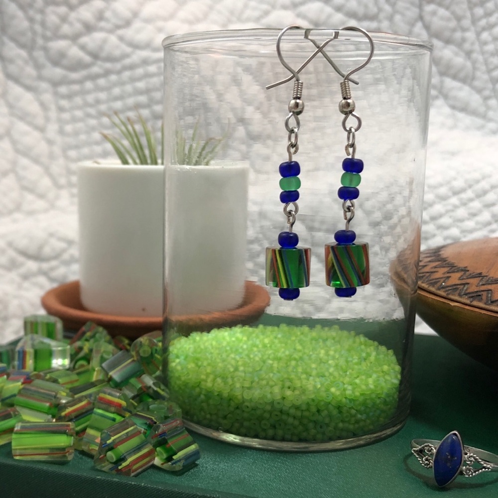 Kelly Green Cane Glass Earrings